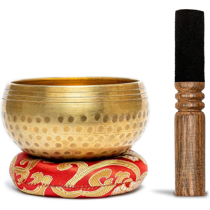 Set de boluri cantatoare tibetane OVERTANG, 8cm, design ergonomic, cu ciocanel din lemn si perna, pentru meditatie si echilibrarea chakrelor