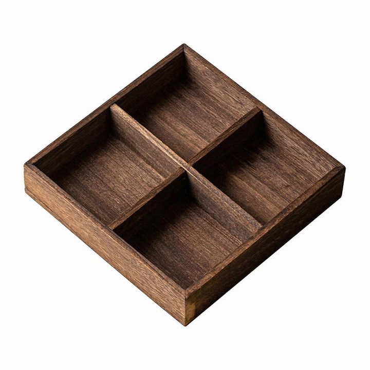 Platou de servire din lemn, cu capac si manere, 4 compartimente, pentru gustari, maro, 30x45cm