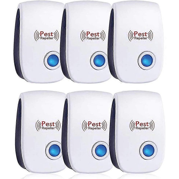 Dispozitiv repelent/anti-daunatori ultrasonic Pest Repeller, frecventa 25-65 kHz, acoperire pana la 120 m², cu priza, fara baterii, fara substante chimice, Alb, 6 bucati