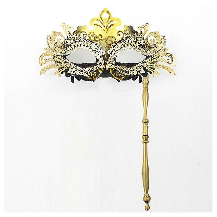 Masca de fata cu maner detasabil, design stralucitor, aurie si neagra, 23x30cm