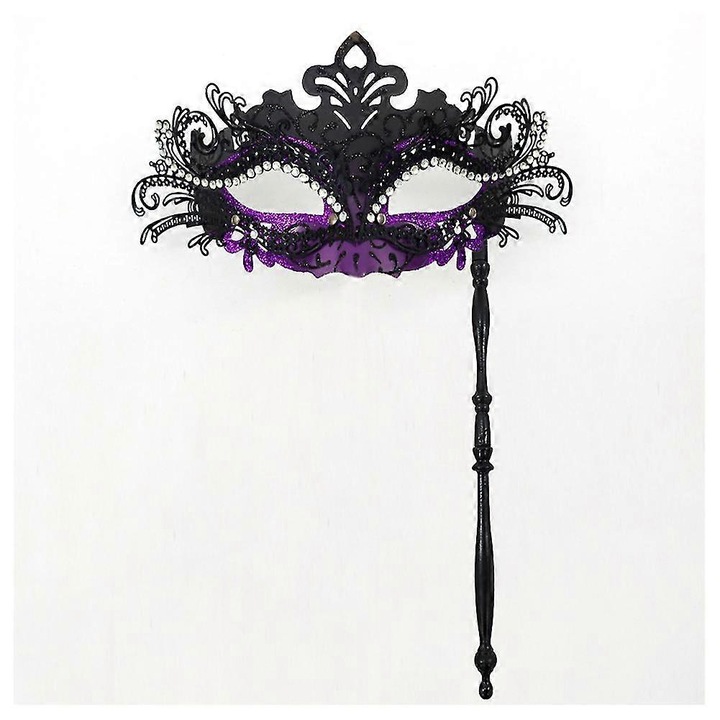 Masca de fata cu maner detasabil, design stralucitor, neagra si mov, 23x30cm