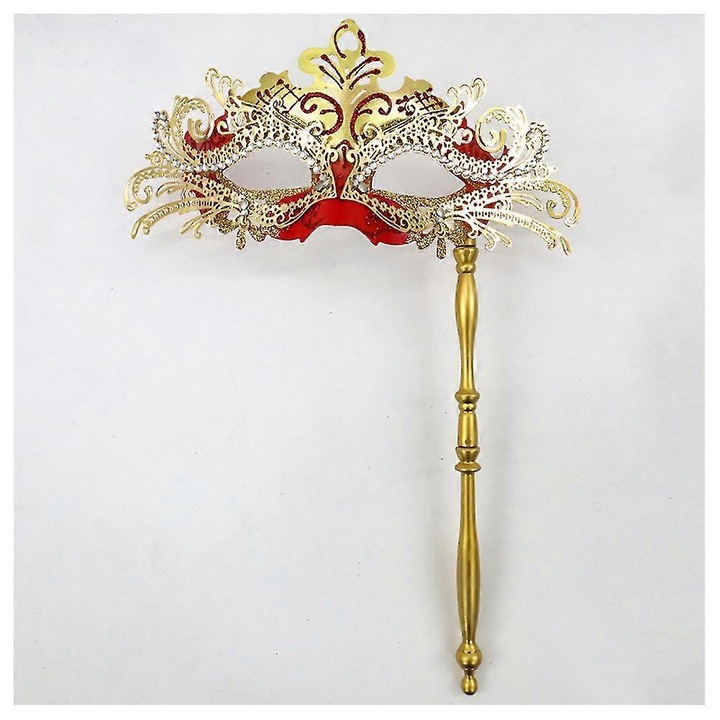 Masca de fata cu maner detasabil, design stralucitor, aurie-rosie, 23x30cm