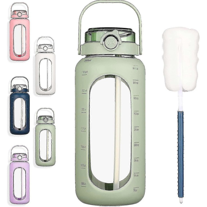 Стъклена бутилка за вода, 2л, с дръжка, херметичен капак, 2 подвижни сламки, силиконова дръжка, за спорт и дейности на открито