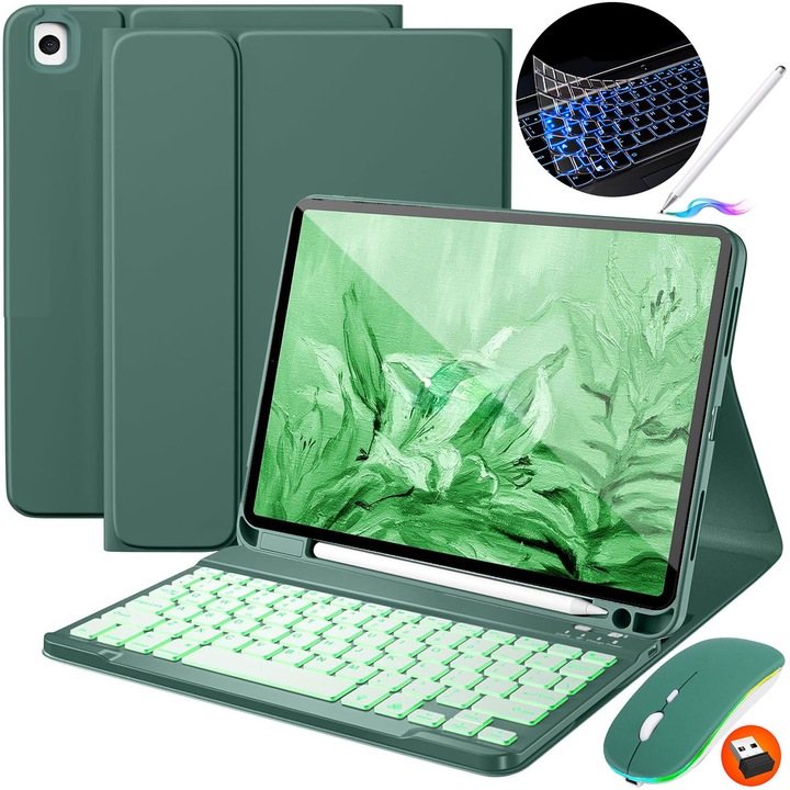 Husa Cu Tastatura Wireless Detasabila.JODAKOR®. Pentru Samsung Galaxy Tab A9+ Plus 11", Lluminat Din Spate in 7 Culori, Include Mouse, Stilou Capacitiv, Capac Pentru Tastatura Cu Membrana Din Silicon, Verde inchis