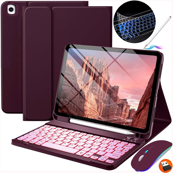 Husa Cu Tastatura Wireless Detasabila, JODAKOR®, Pentru Samsung Galaxy Tab A9+ Plus 11", Lluminat Din Spate in 7 Culori, Include Mouse, Stilou Capacitiv, Capac Pentru Tastatura Cu Membrana Din Silicon, Visiniu