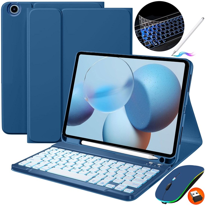 Husa Cu Tastatura Wireless Detasabila.JODAKOR®. Pentru Samsung Galaxy Tab A9+ Plus 11", Lluminat Din Spate in 7 Culori, Include Mouse, Stilou Capacitiv, Capac Pentru Tastatura Cu Membrana Din Silicon, Albastru