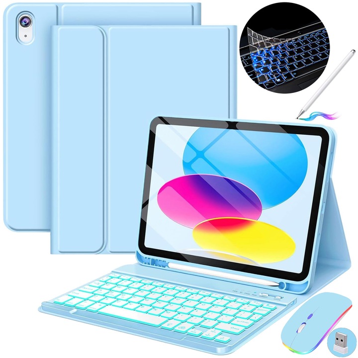 Калъф с клавиатура за iPad Apple, JODAKOR®. iPad 10-то поколение 2022 10.9" и iPad 11-то (A16) 2025 11", 7 Цвята Осветен Гръб, Тънък, Подвижна Bluetooth Клавиатура, Включва Мишка, Капацитивен Стилус, USB-C. Светлосин
