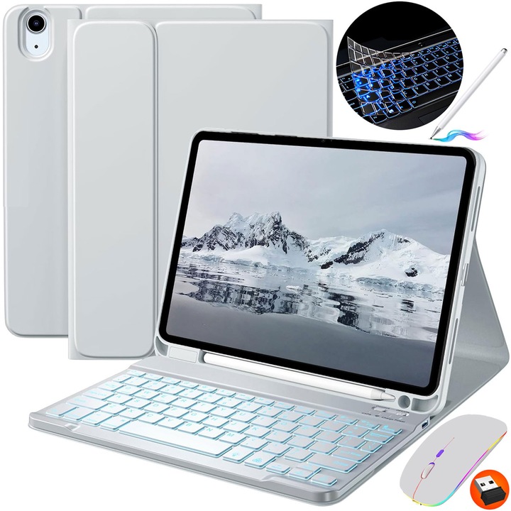 Калъф с клавиатура съвместим с Apple, JODAKOR®. iPad Air 11 инча (M2, 2024/M3 2025) и Air 4/Air 5 Gen., Подсветка в 7 цвята, Включва мишка, капацитивен стилус, капак за клавиатура със силиконова мембрана, сив