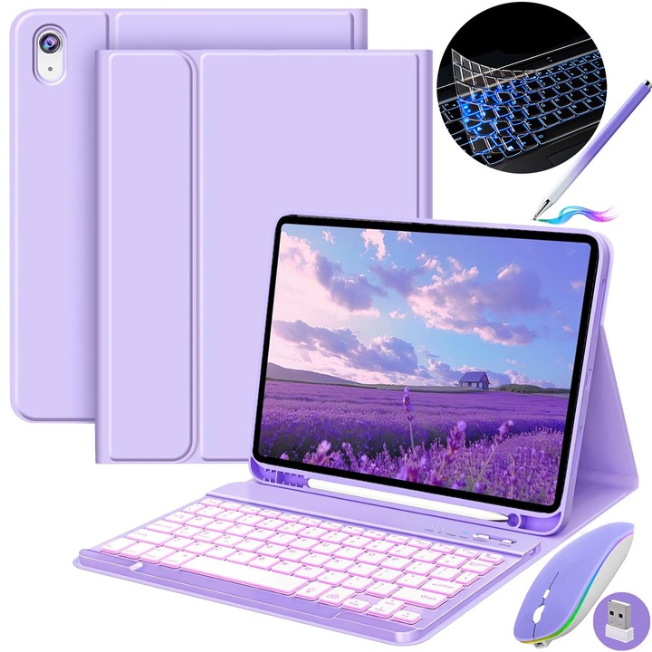 Husa cu tastatura pentru iPad Apple, JODAKOR®. iPad Air 11 inch (M2, 2024/M3 2025) si Air 4/Air 5 Gen., Lluminat Din Spate in 7 Culori, Include Mouse, Stilou Capacitiv, Capac Pentru Tastatura Cu Membrana Din Silicon, Liliac violet