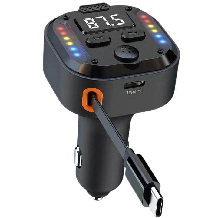 Modulátor FM NETSTAT® Autós Készlet Bluetooth 5.3, Behúzható Kábel, 1 Port QC 3.0 PD 30W, LED Fények, Autós Töltő, MP3 Lejátszó Kihangosító, Digitális Kijelző, Külső Mikrofon, 30V, Apple/Android Kompatibilis, Fekete