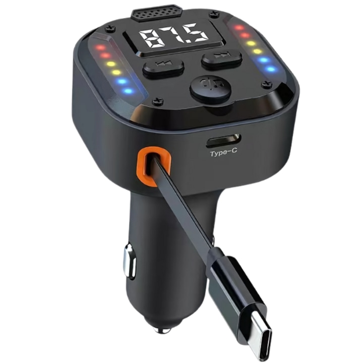 Modulátor FM NETSTAT® Autós Készlet Bluetooth 5.3, Behúzható Kábel, 1 Port QC 3.0 PD 30W, LED Fények, Autós Töltő, MP3 Lejátszó Kihangosító, Digitális Kijelző, Külső Mikrofon, 30V, Apple/Android Kompatibilis, Fekete