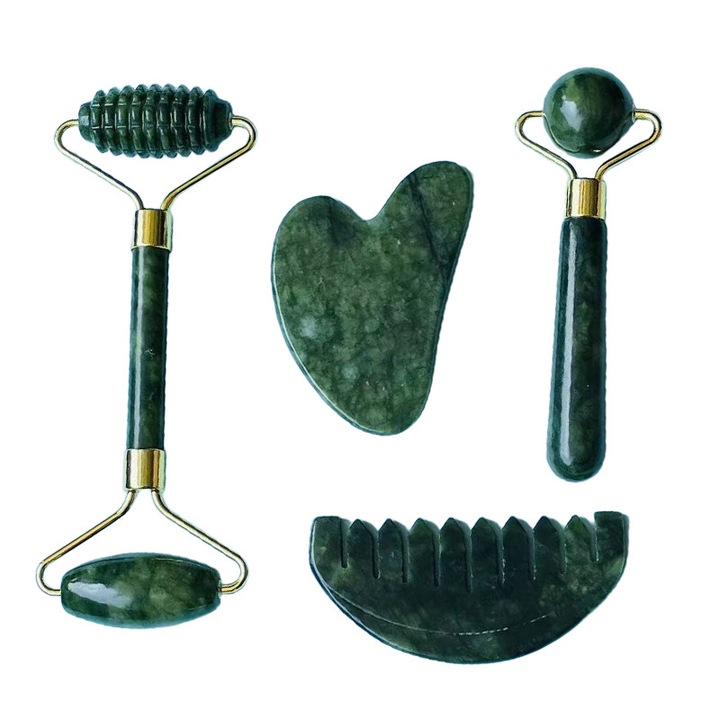 Set de masaj cu role Jad si Gua Sha, 4 piese, verde, 19x17x3cm