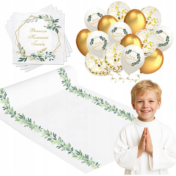 Úrvacsorai Léggömb Szett, Eukaliptusz Asztali Futó, Szalvéták 20 db, 40cm x 5m, 15 léggömb