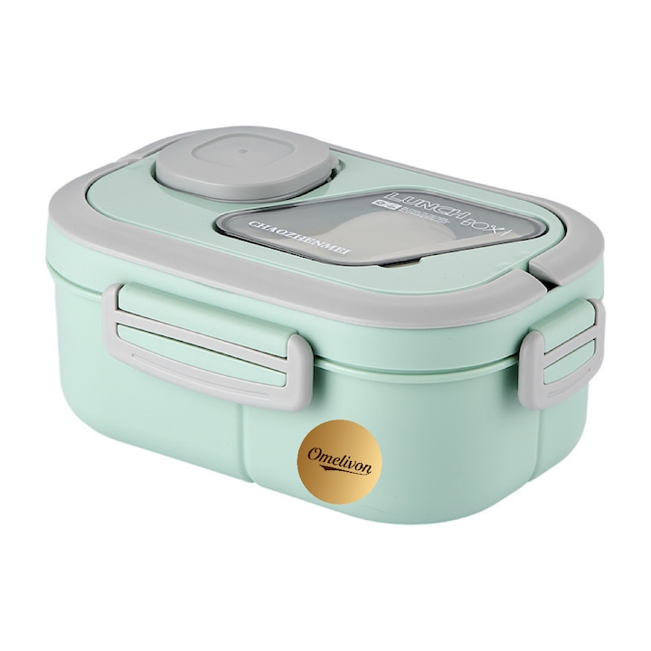 Cutie Alimentara Pranz, 1.2L, Recipient sos, Omelivon®， Caserola cu 4 Compartimente, Cu maner， Verde gri transparent，21*14.5*8.6cm