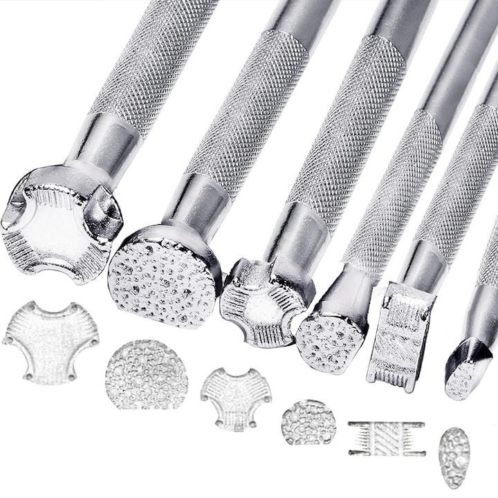 Set 6 profesional de prelucrare a pielii, Axroad Mall, Unelte de stampila pentru piele, Usor de utilizat, Pentru fabricarea de sa, sculptura manuala, articole de imbracaminte si artizanat, Inox, 10cm, Argintiu
