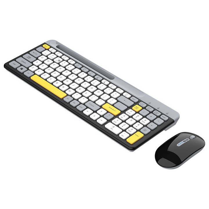 Billentyűzet és egér szett, 2, 4 GHz-es vezeték nélküli, Bluetooth, 100 gomb, telefontartó funkció, gyors válaszidő, alacsony késleltetés, mechanikai érzet, 400mAh, USB interfész, ergonomikus, plug and play, sötétszürke