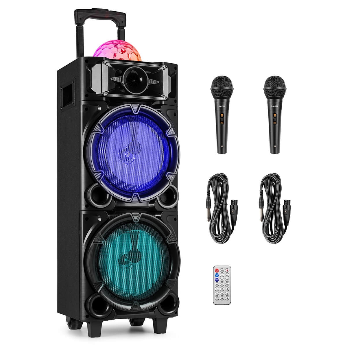 Set Karaoke Fenton LIVE290 cu roți, USB, SD, Bluetooth, LED RGB, 2 microfoane, 2x8"