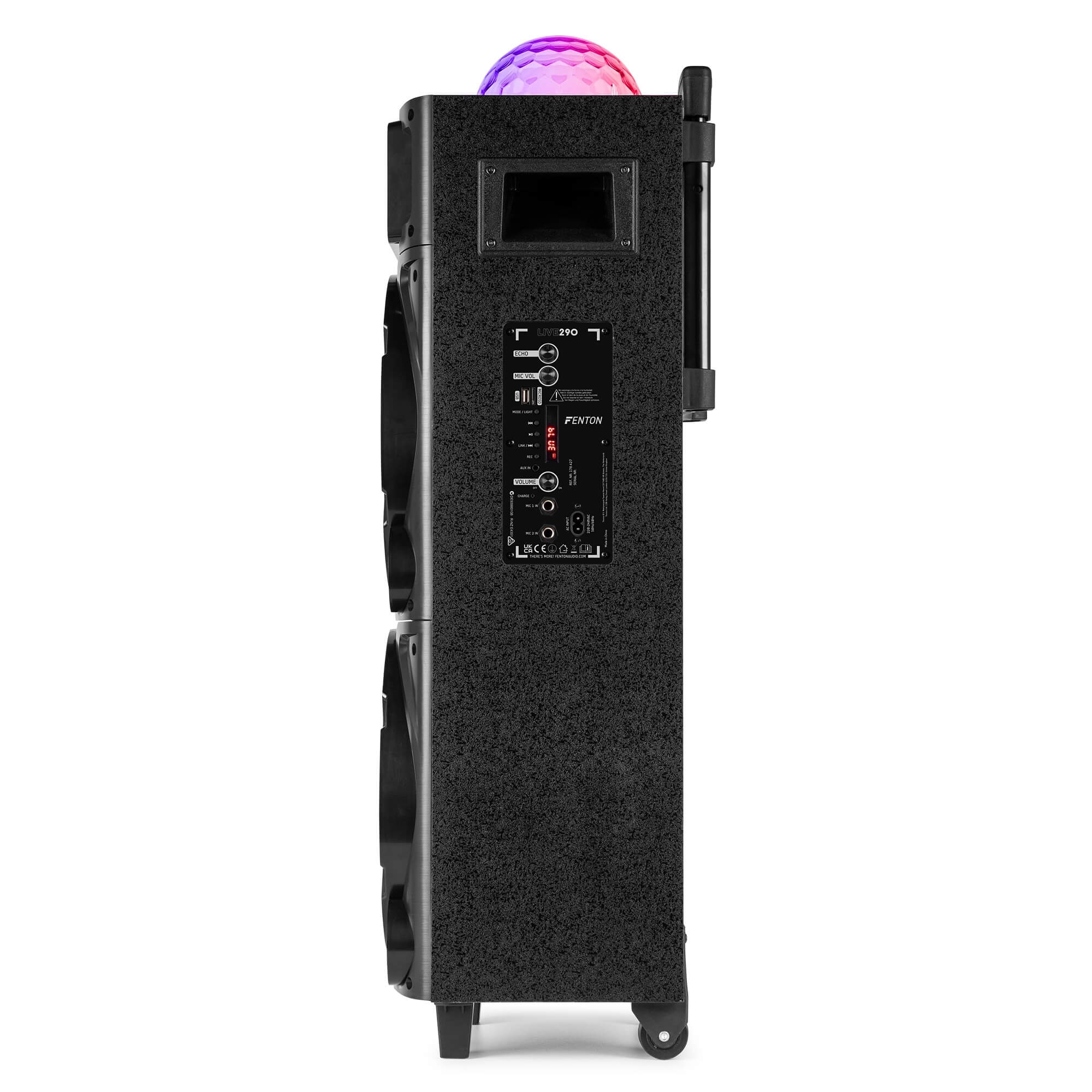 Set Karaoke Fenton LIVE290 cu roți, USB, SD, Bluetooth, LED RGB, 2 microfoane, 2x8"