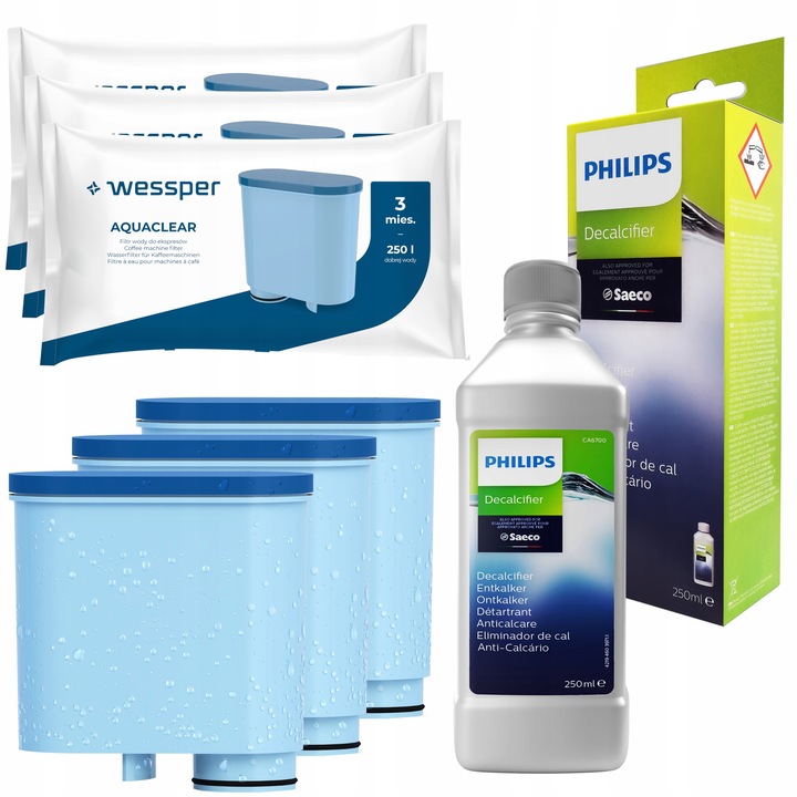 Set aparat de cafea Philips Saeco LatteGo, 3x filtru de apa Wessper, detartrant 250ml