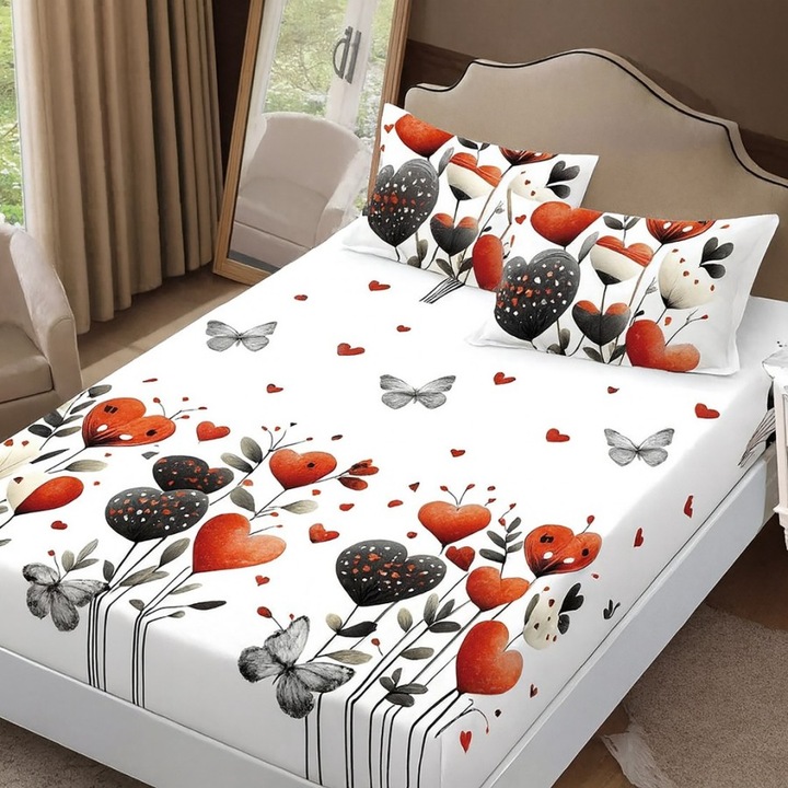 Set husa de pat cu elastic si 2 fete de perna din finet, 160x200cm, Lenjerii Deosebite, Inimi si fluturi