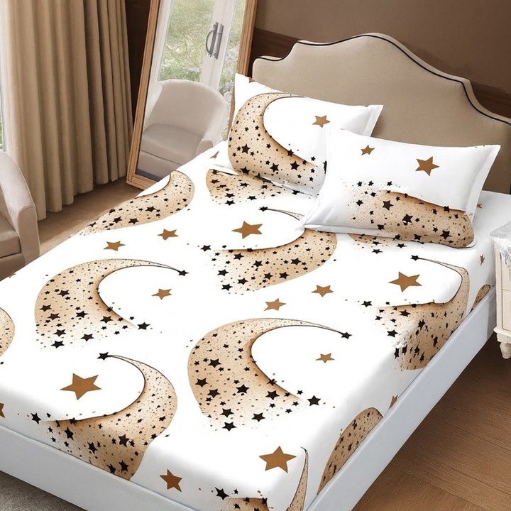 Set husa de pat cu elastic si 2 fete de perna din finet, 160x200cm, Lenjerii Deosebite, Stele aurii
