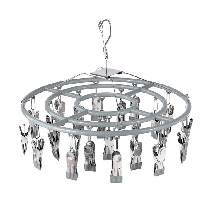 Кръгла сушилня за дрехи, модел от неръждаема стомана с 24 щипки, многофункционална за балкон и интериор, универсална, диаметър 33.5 см