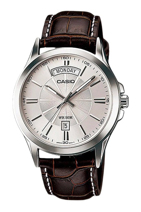 Casio, Ceas cu logo pe cadran si curea din piele, Maro inchis