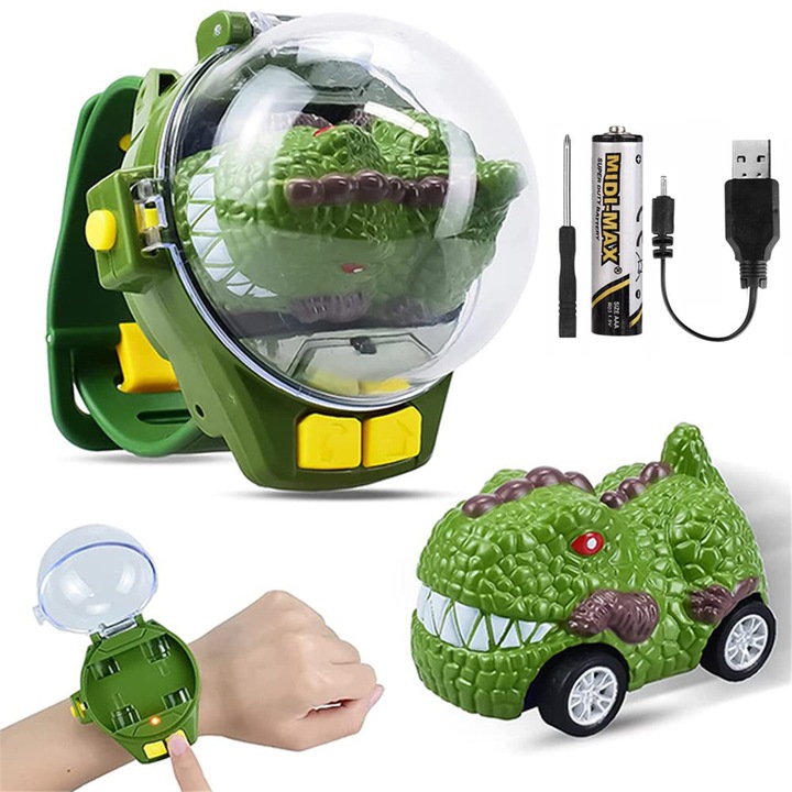 Играчка Часовник Кола RC Мини Разглобяема За Деца, MorFansi®, 2.4 GHz, LED Светлини, USB Зареждане, Сплав, 2 години+, Динозавър, Зелен