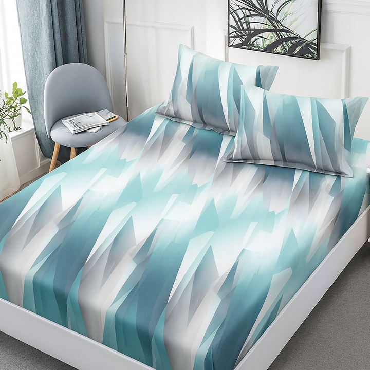 Set husa/cearceaf cu elastic Finet Gros NufJoy® pentru saltea 160x200 cm si 2 fete perna 50x70 cm Cobalt Fantasy