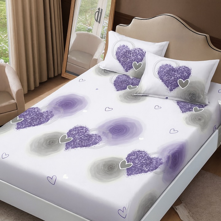 Комплект долен чаршаф с ластик от плътен фин памук NufJoy® за матрак 160x200 см и 2 калъфки за възглавници 50x70 см Лилави сърца