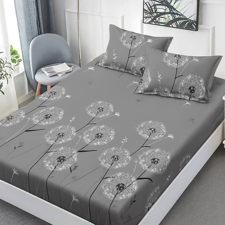 Set husa/cearceaf cu elastic Finet Gros NufJoy® pentru saltea 160x200 cm si 2 fete perna 50x70 cm Antracit Fluff