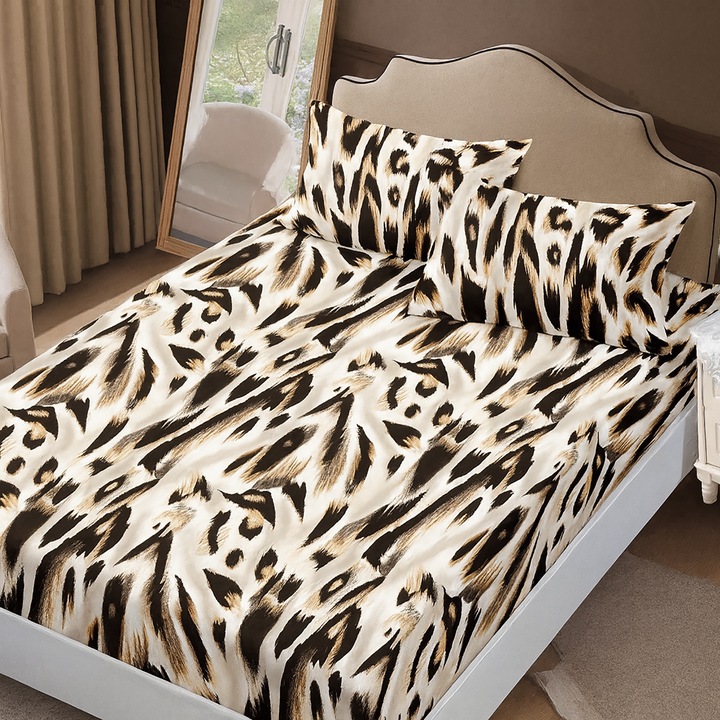 Set husa/cearceaf cu elastic Finet Gros NufJoy® pentru saltea 160x200 cm si 2 fete perna 50x70 cm Animal Print