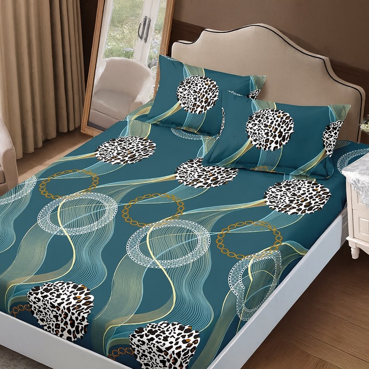 Set husa/cearceaf cu elastic Finet Gros NufJoy® pentru saltea 160x200 cm si 2 fete perna 50x70 cm Fantezie Turcoaz
