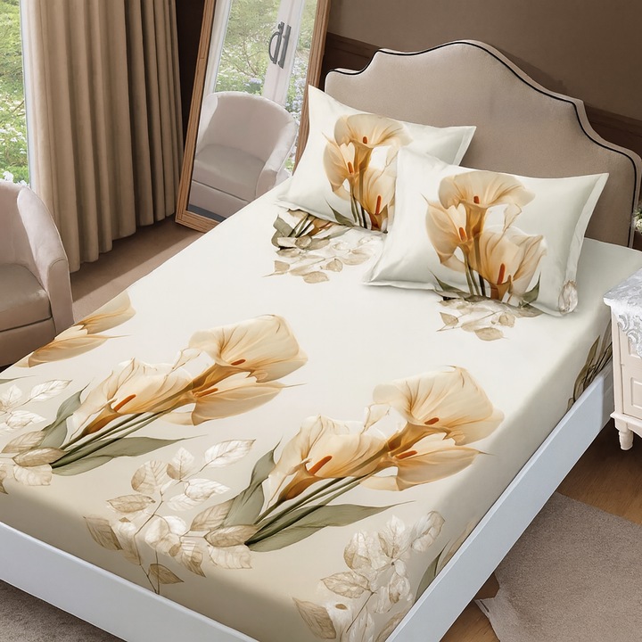 Set husa/cearceaf cu elastic Finet Gros NufJoy® pentru saltea 160x200 cm si 2 fete perna 50x70 cm Cale Bej