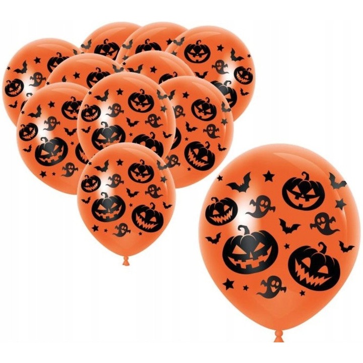 Baloane latex cu tematica Halloween, Fiestas Guirca, set 10 buc, 30cm, portocalii, cu dovleci