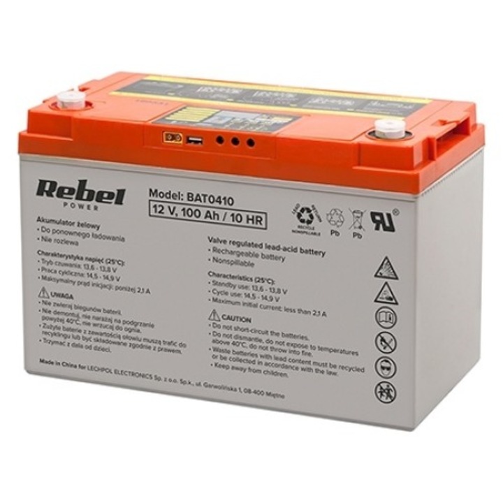 Acumulator gel REBEL 12V 100AH, ecran digital, port USB
