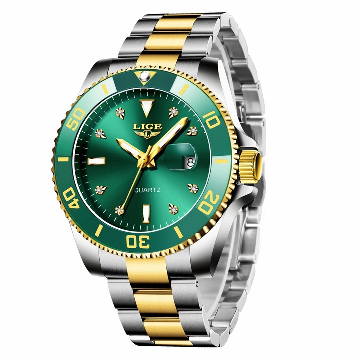 Férfi karóra Lige 89151 Arany-Zöld – Üzleti dizájn, Többfunkciós, Ütésálló, 3ATM vízálló