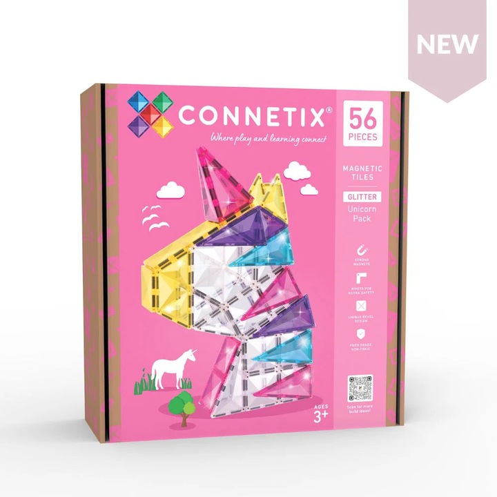 Set de constructie magnetic, Glitter Unicorn Pack, Connetix Tiles, 56 piese, 3 ani+