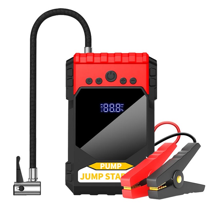 Redresor auto portabil 12V, 10000mAh, cu display digital, design compact, rosu, negru
