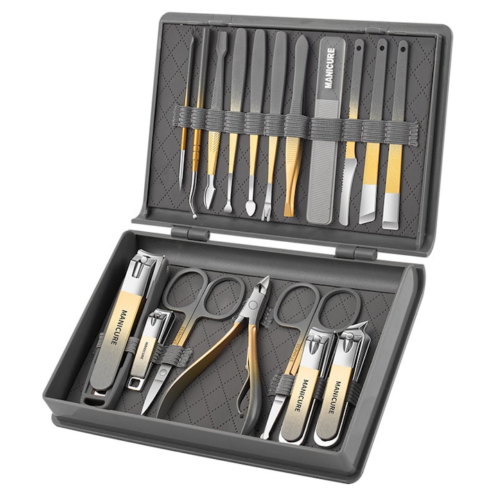 Set profesional de manichiura si pedichiura 18 piese cu cutie de calatorie din piele