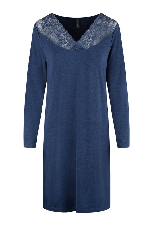 LingaDore, Camasa de noapte cu maneci lungi si garnituri din dantela, Albastru inchis