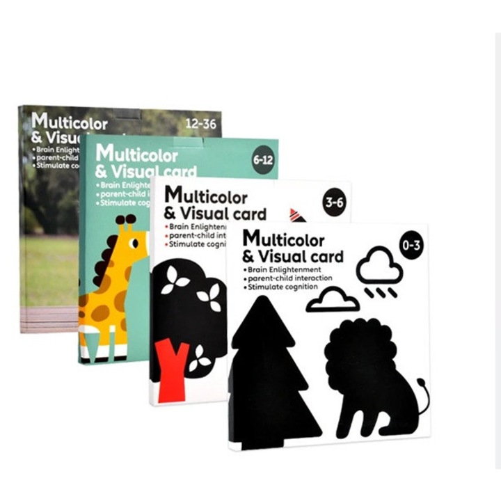 Комплект от 80 интерактивни карти за визуална и когнитивна стимулация за бебета, Монтесори, с черно-бели, червени и цветни изображения, 0-36 месеца