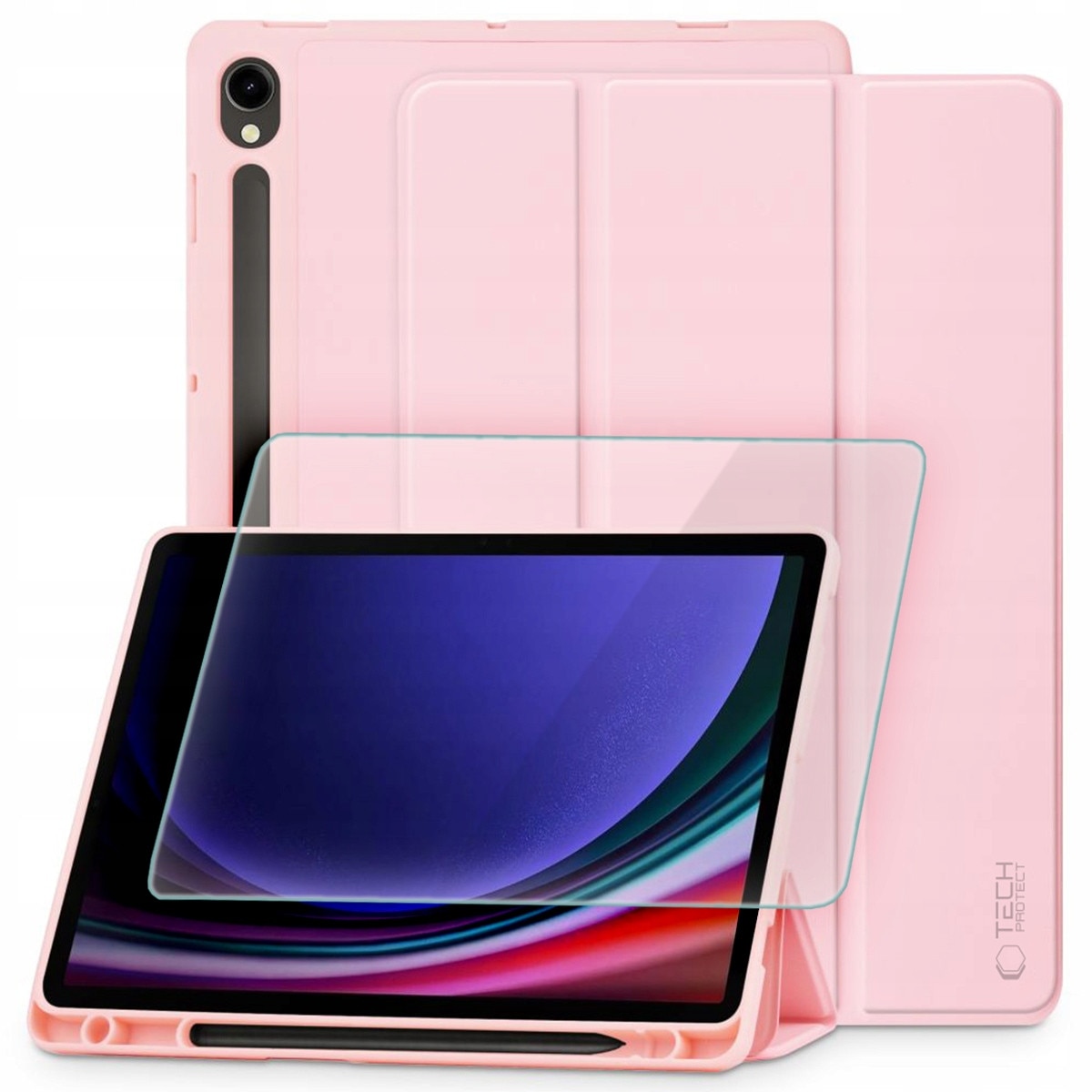 Husa tablete Tech-Protect cu suport pentru stylus si sticla Hofi Glass Pro+, roz, set pentru Galaxy Tab S9/S9 FE/S10 FE/S10 Lite 10.9