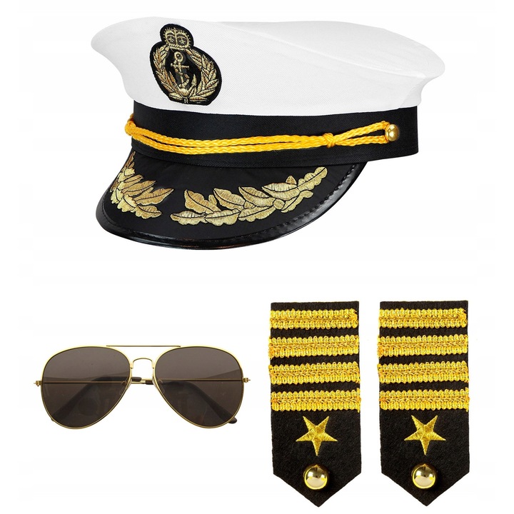 Set Costum Captain, WIDMANN, Sapca, Grade, Ochelari, Culoare negru-auriu, Marime universala