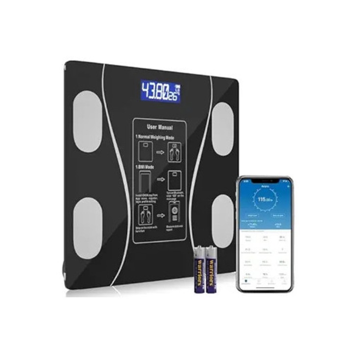 Cantar corporal inteligent Bluetooth Brivoo® cu Aplicatie Smart pentru Monitorizare Greutate si Compozitie Corporala, Ecran LCD Iluminat cu Citire Clara, Termometru Integrat pentru Temperatura Ambientala, Platforma din Sticla Securizata Ultra-Slim