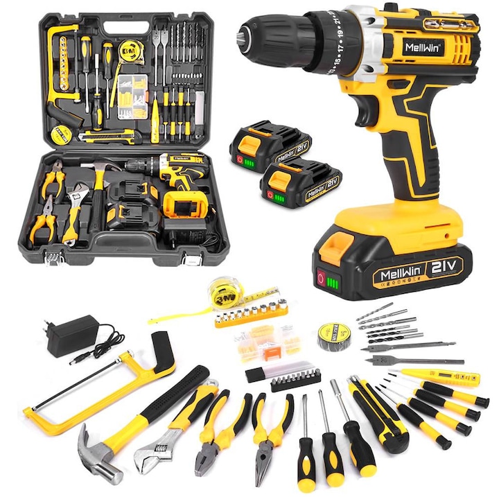 MellWin 21V akkus elektromos fúró, 3/8" kulcs nélküli tokmány, 25+3 pozíció, 45X tartozékkal és 2X 1500mAh akkumulátorral