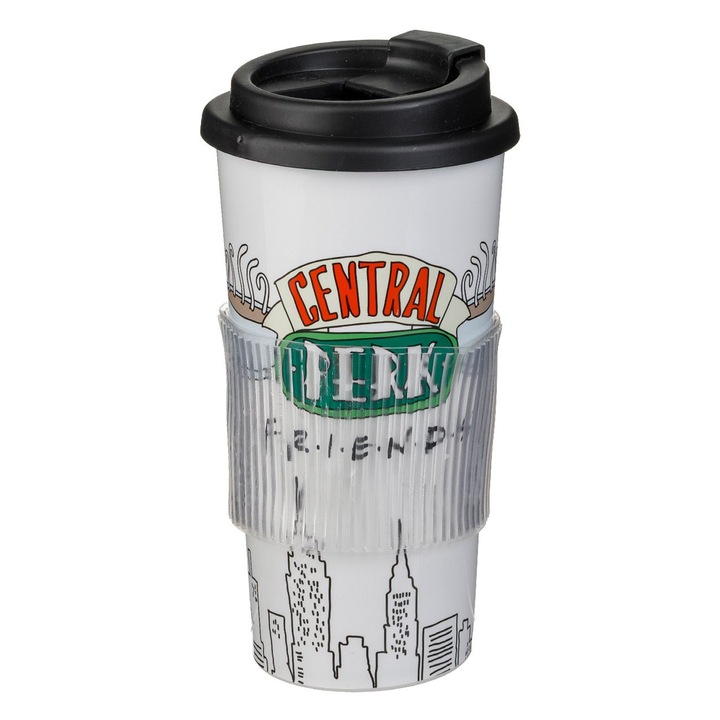 Pahar din plastic alb cu model friends & capac negru pentru cafea 290ml