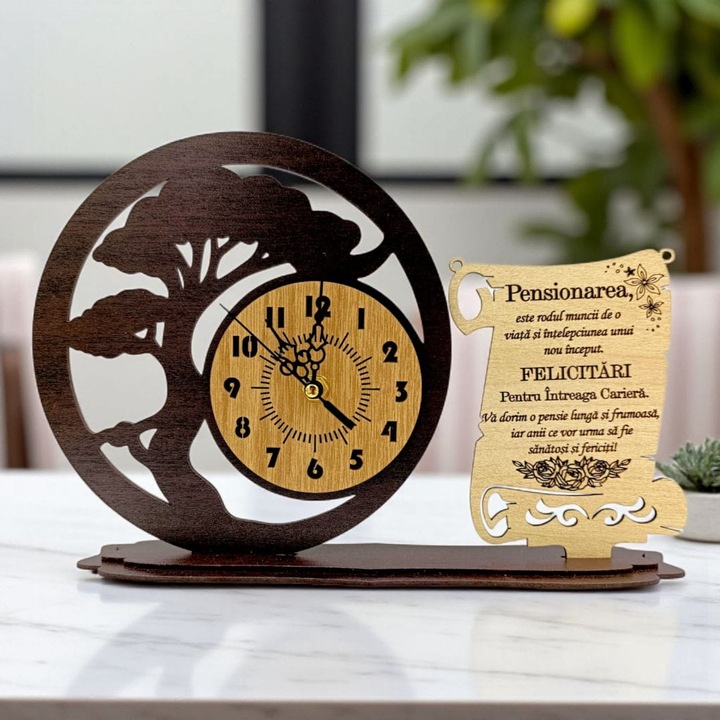 Ceas decorativ Bonsai din lemn pentru Pensionari, 30x20 cm, Cadou personalizat cu mesaj gravat