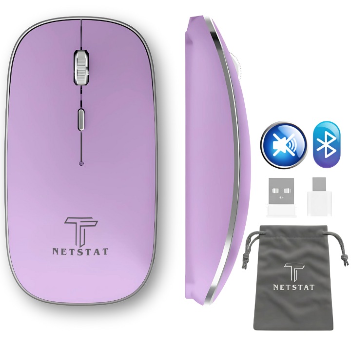 Мишка безжична NETSTAT, Мишка с тихо щракване, Множество устройства 3 връзки, Безжична мишка, Мишка тип C, Bluetooth 5.1 мишка, USB мишка, Тънка и преносима мишка, Батерия 450mAh, 2.4GHz мишка, Ергономична, Гейминг мишка, DPI 1600, Офис мишка, Лилава