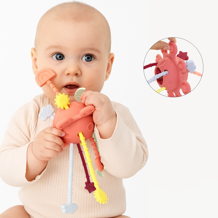 Jucarie interactiva si de dentitie, din silicon alimentar, pentru bebelusi, senzoriala Montessori, fara substante toxice, cu snururi, ideala pentru dezvoltarea abilitatilor motrice fine, 6-24 luni, multicolora